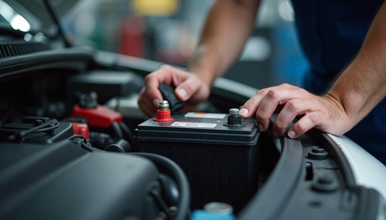 A mechanic fitting a replacement car battery under an open bonnet